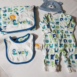 Gymboree Brand New Baby {Alpa-BEAR-Soup} 0-3 month Used Romper, NWT blanket, bib